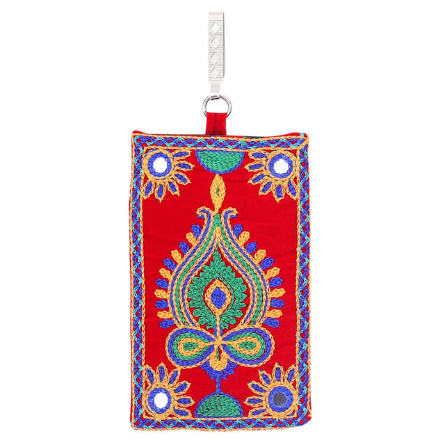 Women's Cotton Designer Embroided Mobile-Phone Pouch Cover Rich Embroidery in Traditional Indian Style and Sari Hook for Women